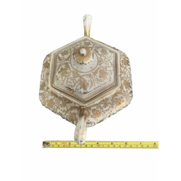 Vintage Nippon Gold Gilded Moriage Porcelain Hexagon Sugar Bowl Hand Painted Lid - Picture 10 of 14
